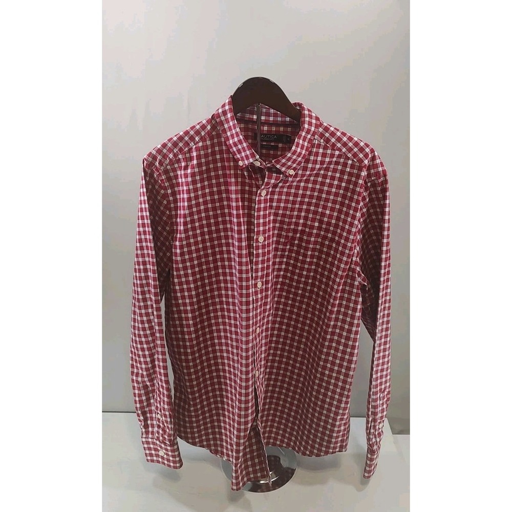 Nautica Mens XL Plaid Button Up Shirt Long Sleeve Red Blue Classic Fit Stretch